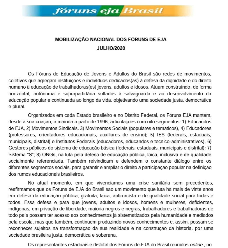 Mobilização Nacional dos Fóruns De Eja Julho/2020