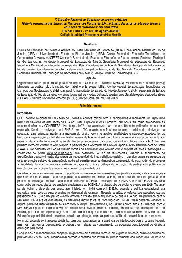 História e memória dos Encontros Nacionais dos Fóruns de EJA no Brasil: dez anos de luta pelo direito à educação de qualidade social para todos