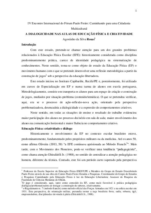 A dialogicidade nas aulas de educação física e criatividade