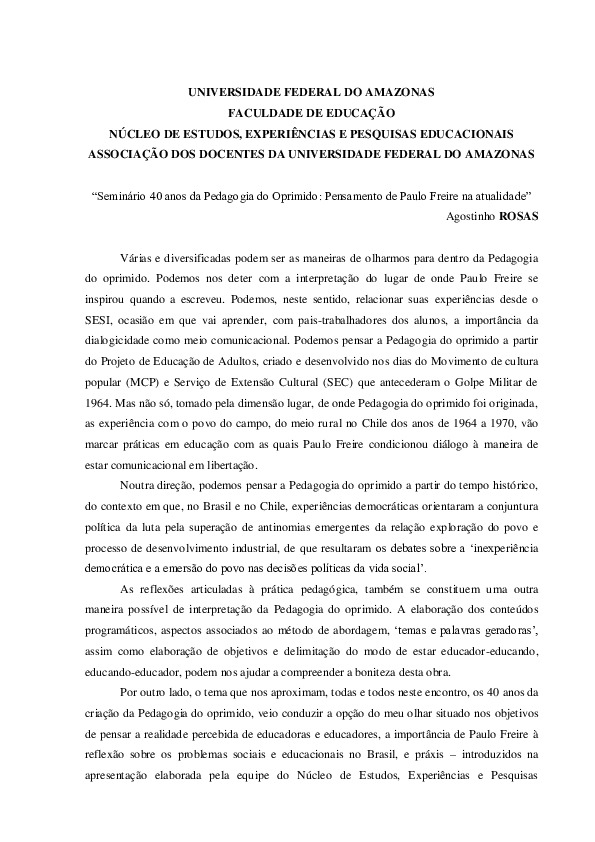 Seminário 40 anos da Pedagogia do Oprimido: pensamento de Paulo Freire na atualidade