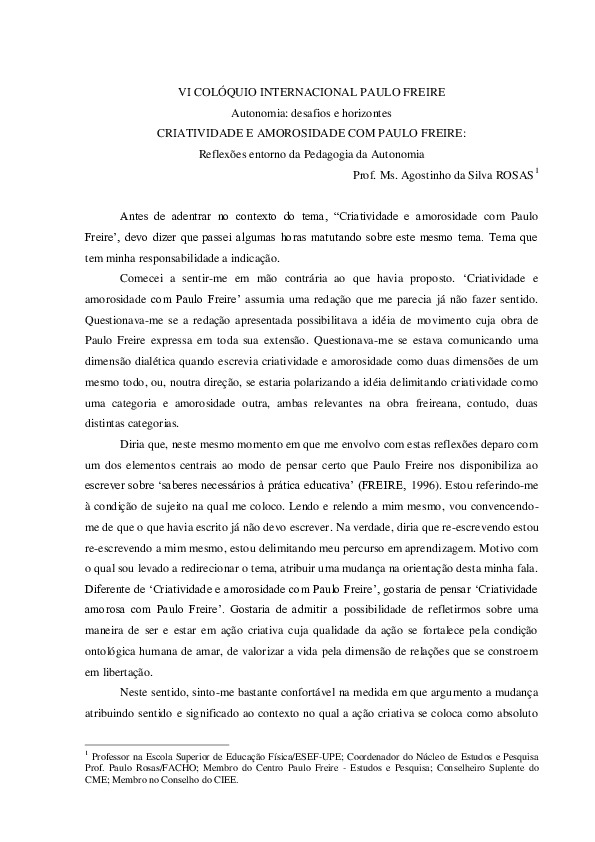 Criatividade e amorosidade com Paulo Freire: reflexões entorno da Pedagogia da Autonomia