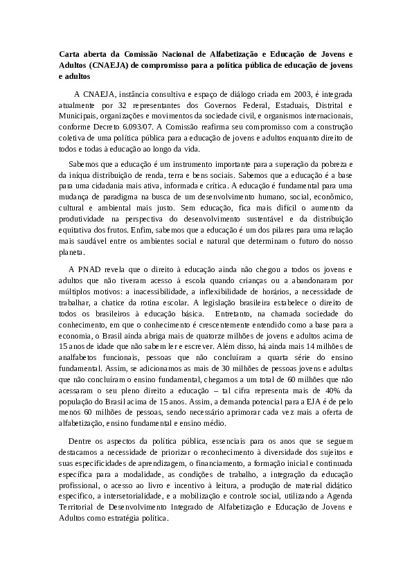 Carta aberta da Comissão Nacional de Alfabetização e Educação de Jovens e Adultos (CNAEJA) de compromisso para a política pública de educação de jovens e adultos