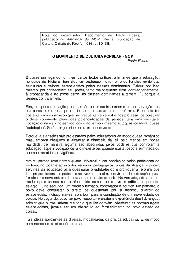 O movimento de cultura popular – MCP