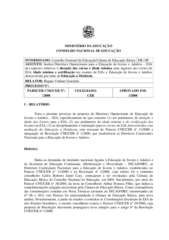 Proposta de Diretrizes Operacionais de Educação de Jovens e Adultos – EJA