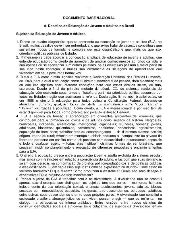 Documento base nacional: A. Desafios da Educação de Jovens e Adultos no Brasil