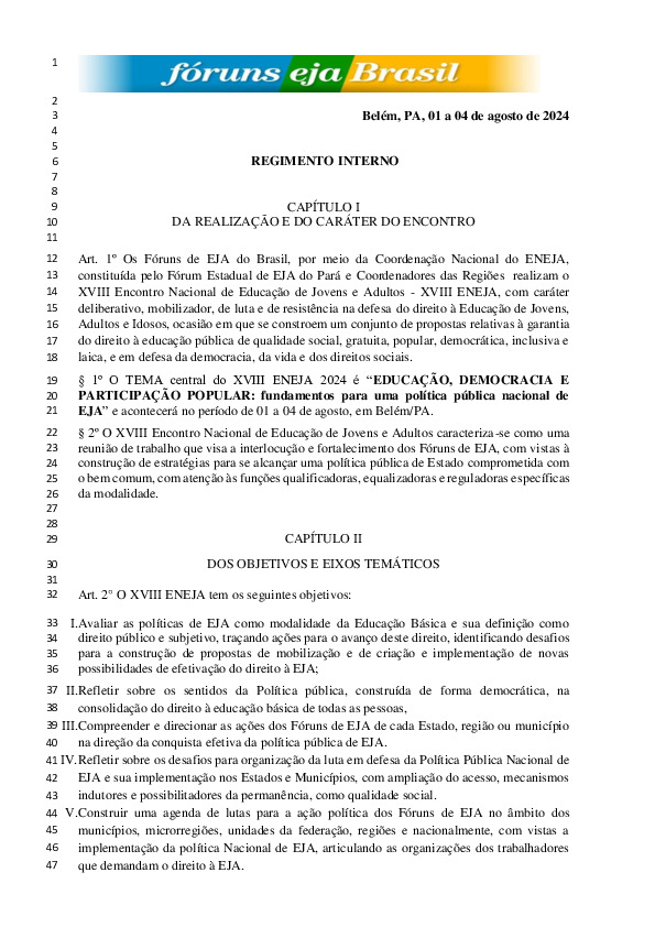 Regimento interno do XVIII ENEJA: Encontro Nacional de Educação de Jovens e Adultos