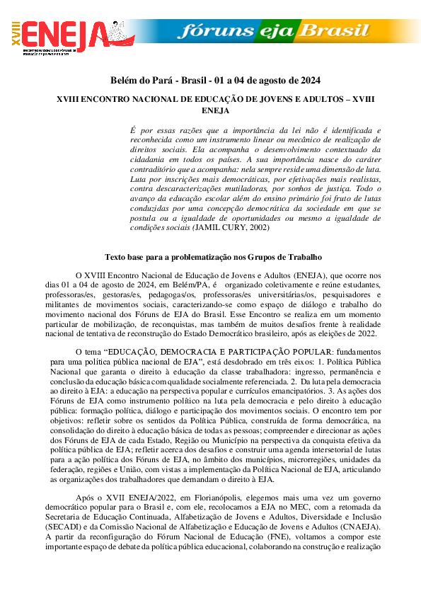 XVIII ENEJA: texto base para problematização nos Grupos de Trabalho
