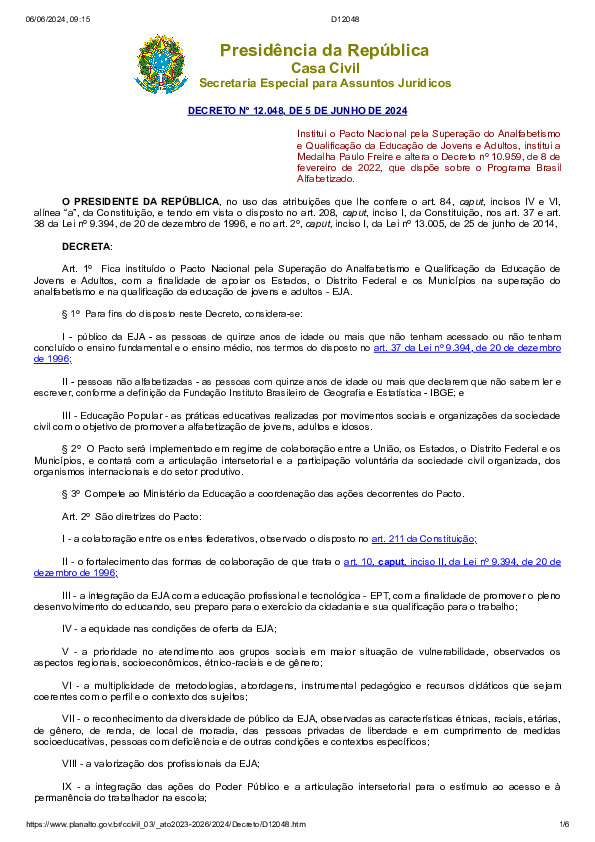 Pacto Nacional pela Superação do Analfabetismo e Qualificação da Educação de Jovens e Adultos – Decreto nº 12.048/2024