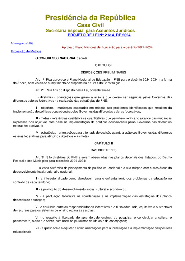 Projeto de Lei nº 2.614/2024: Aprova o Plano Nacional de Educação para o decênio 2024-2034 – resumido