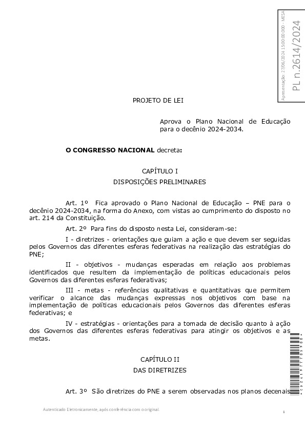 Projeto de Lei nº 2.614/2024: Aprova o Plano Nacional de Educação para o decênio 2024-2034 – integral